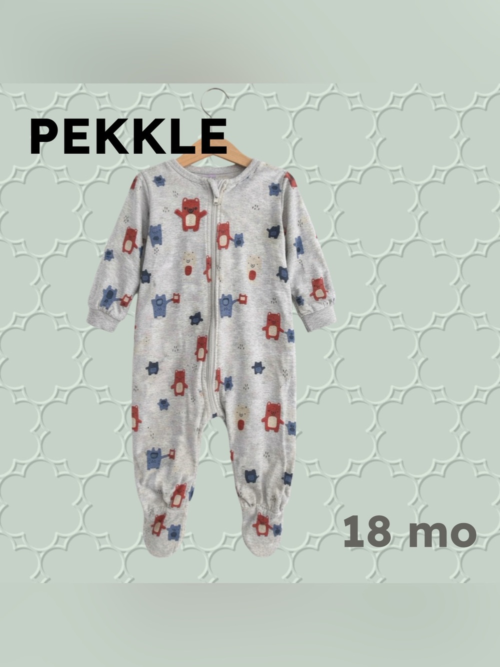 🇨🇦👍GUC PEKKLE |18 mo| Unisex Gray Bear print baby Footed Pyjama organic cotton